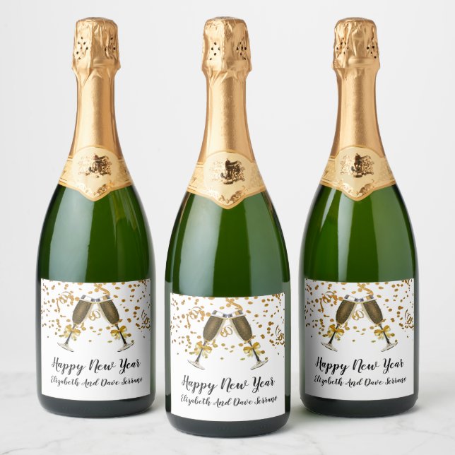 Happy New Year Sparkling Wine Label Gold On White (Bottles)