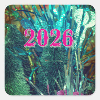 HAPPY New Year square stickers dazzle Xmas colors