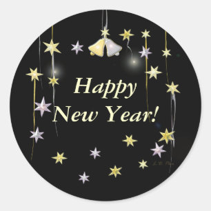 Happy New Year Stars and Bells on Black Classic Round Sticker