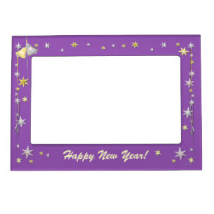 Happy New Year Stars and Bells on Purple Magnetic Photo Frame