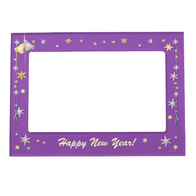 Happy New Year Stars and Bells on Purple Magnetic Photo Frame (Front)