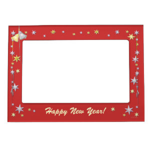 Happy New Year Stars and Bells on Red Magnetic Picture Frame