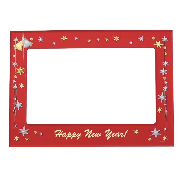 Happy New Year Stars and Bells on Red Magnetic Picture Frame (Front)