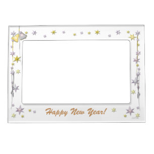 Happy New Year Stars and Bells on White Magnetic Frame