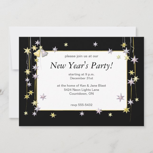 Happy New Year Stars Black Invitation (Front)
