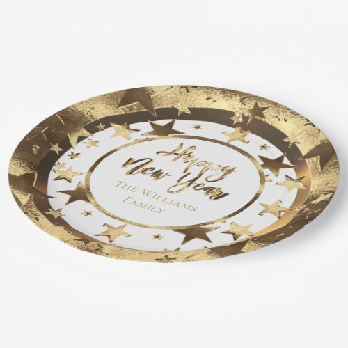Happy New Year Stars Elegant Faux Gold and White Paper Plates