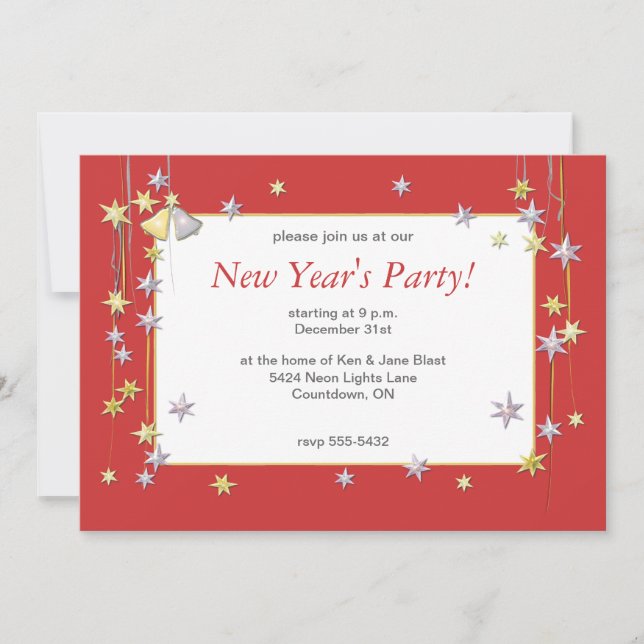 Happy New Year Stars Red Invitation (Front)