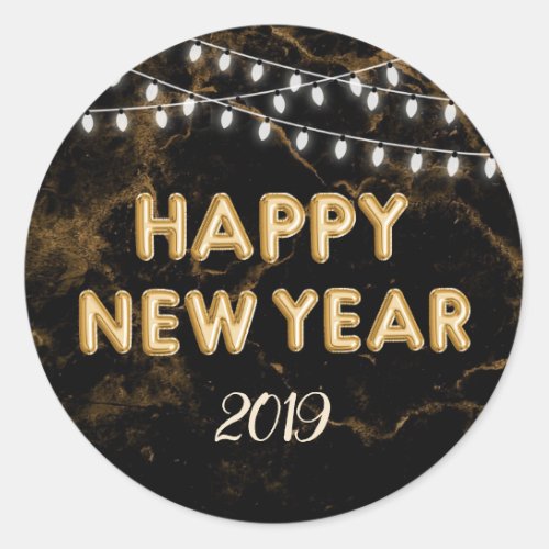 Happy New Year String Lights Gold Balloons Black Classic Round Sticker