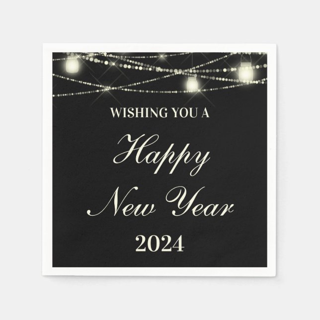 Happy New Year String Lights Jars Black Napkins (Front)