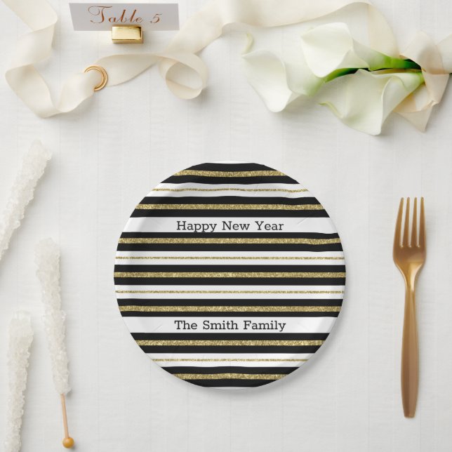 Happy New Year Stripes Paper Plates (Wedding)