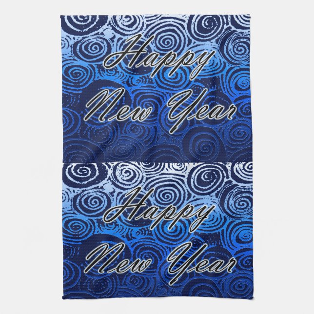 Happy New Year Swirls Blue Towel (Vertical)