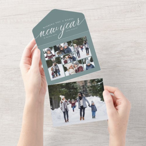 Happy New Year teal photo collage trifold holiday All In One Invitation