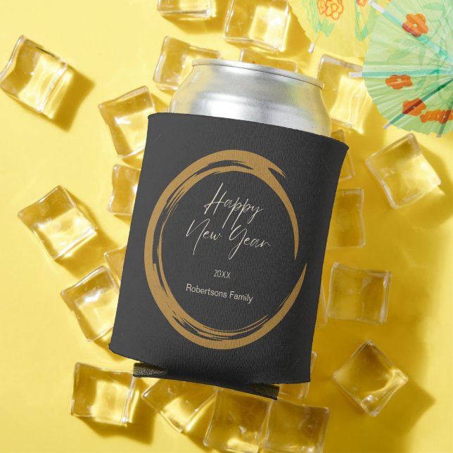 Happy New Year text gold stain ring dark gray Can Cooler (In Situ Summer)