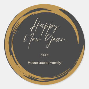 Happy New Year text gold stain ring dark gray Classic Round Sticker