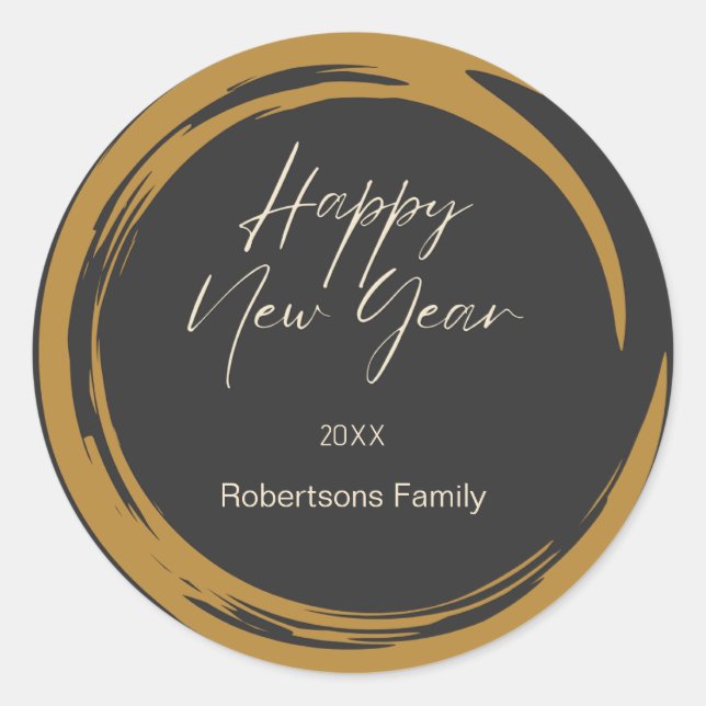 Happy New Year text gold stain ring dark gray Classic Round Sticker (Front)