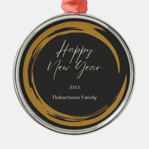 Happy New Year text gold stain ring dark gray Metal Ornament