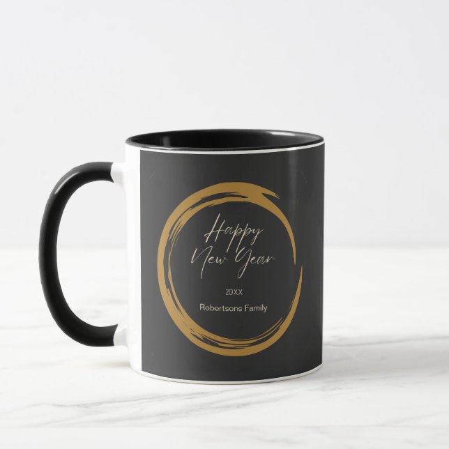 Happy New Year text gold stain ring dark gray Mug (Left)