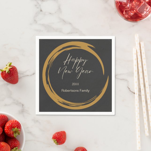 Happy New Year text gold stain ring dark gray Napkins (Insitu)