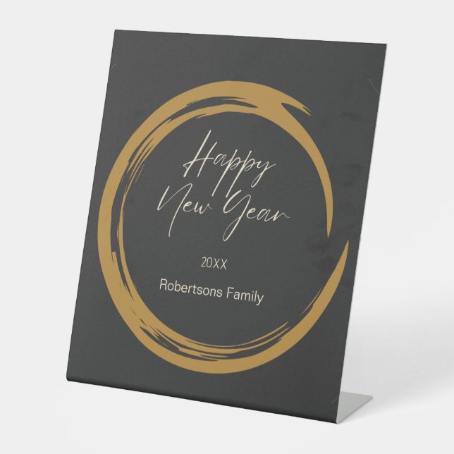 Happy New Year text gold stain ring dark gray Pedestal Sign (Front)