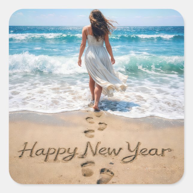 Happy New Year Text with Beachwalker Square Sticker (Front)