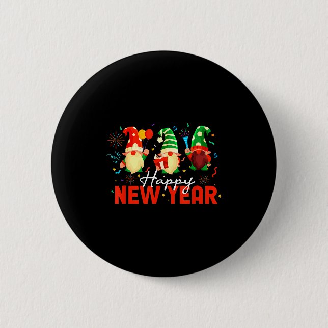 Happy New Year Three Gnomes Fireworks Confetti Nye Button (Front)
