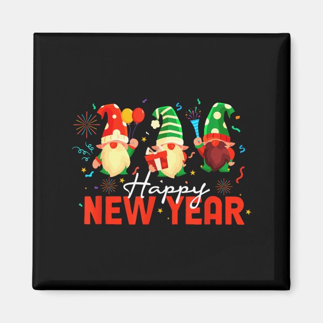Happy New Year Three Gnomes Fireworks Confetti Nye Magnet (Front)