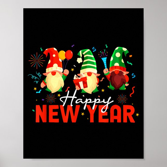 Happy New Year Three Gnomes Fireworks Confetti Nye Poster (Front)