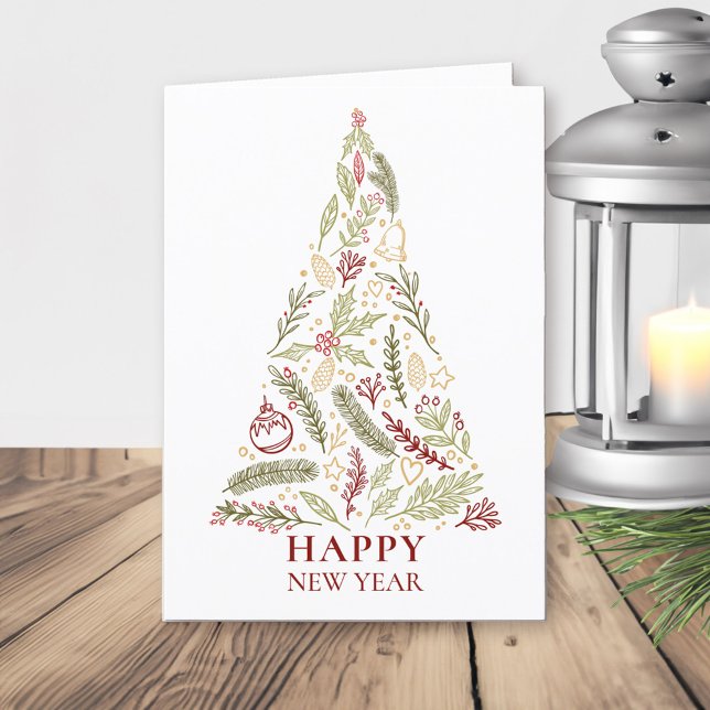 Happy New Year Tree Country Pine and Holly Holiday Card (Happy New Year card with stylized christmas tree)