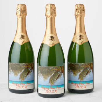 Happy New Year Tropical Beach Custom Bottle Labels by holiday_store at Zazzle