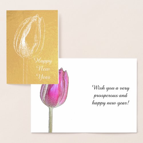 Happy New Year Tulip Floral Pink Flower Photo Art Foil Card
