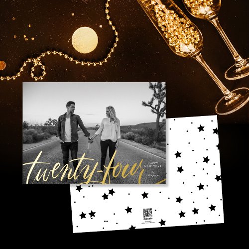 Happy New Year Twenty Four One Photo White Gold Foil Holiday Card