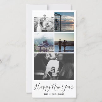 Happy New Year Typography Five Photo Collage Holiday Card