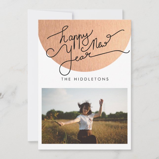 Happy New Year Typography Pink Modern Photo Holiday Card (Front)