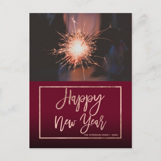 Happy New Year typography rose gold red photo Holiday Postcard (Front)