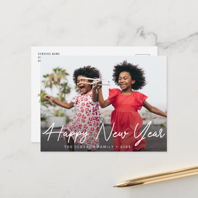 HAPPY NEW YEAR | typography script greeting card (Front/Back In Situ)