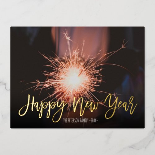 Happy New Year typography sparkles photo Foil Holiday Postcard