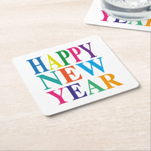 Happy New Year Typography Square Paper Coaster