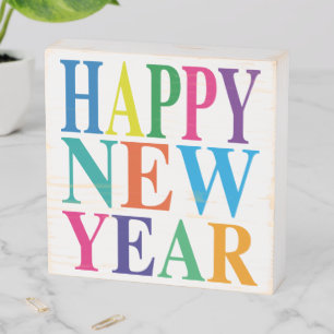 Happy New Year Typography Wooden Box Sign