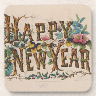  Happy New Year, Vintage Currier & Ives Print Beverage Coaster