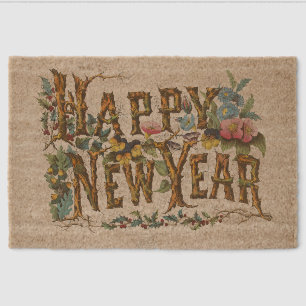 Happy New Year, Vintage Currier & Ives Print Fiber Doormat