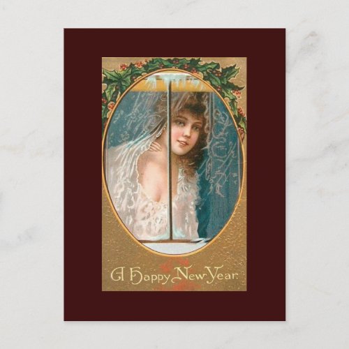 Happy New Year Vintage Postcards Lady in WIndow
