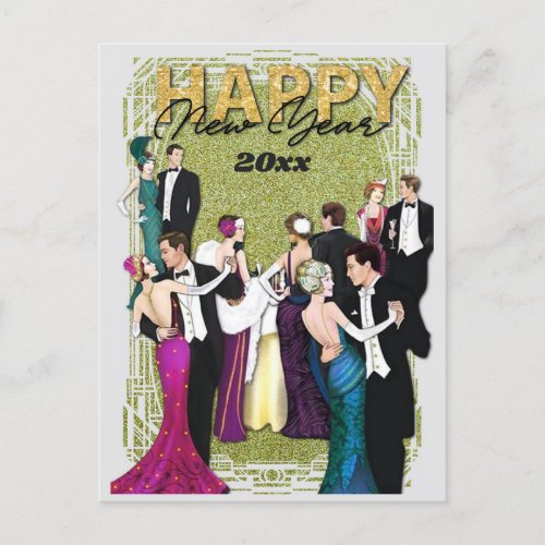 Happy New Year Vintage Retro Art Deco Postcard