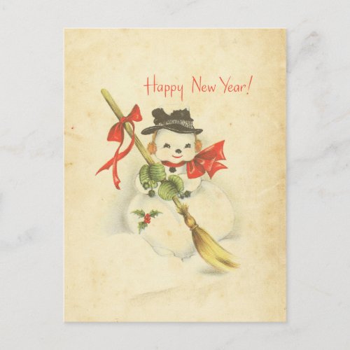 Happy New Year Vintage Snowman Red Bow Holly Broom Holiday Postcard