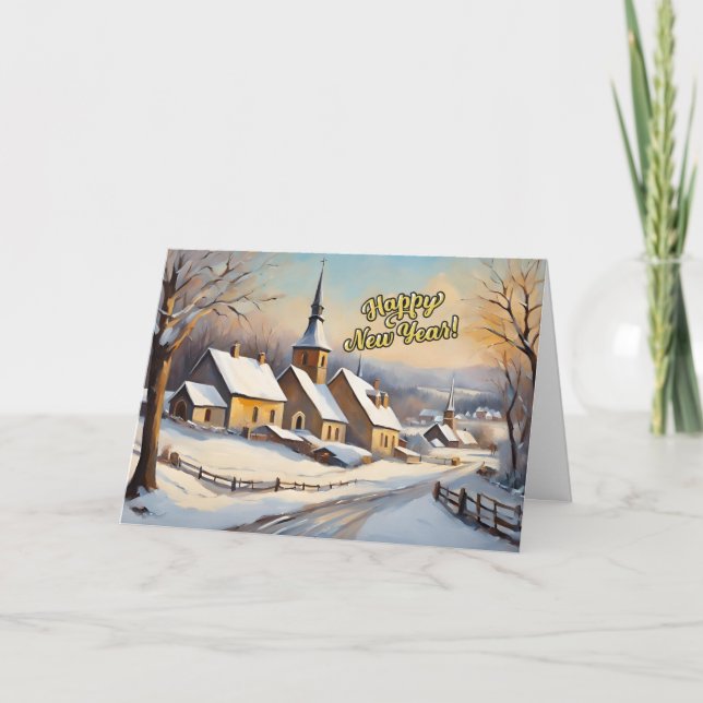Happy New Year Vintage Winter Church  Holiday Card (Front)