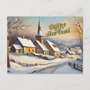 Happy New Year Vintage Winter Church Holiday Postcard