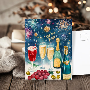 HAPPY NEW YEAR Watercolor Bubbly Fireworks Holiday Postcard