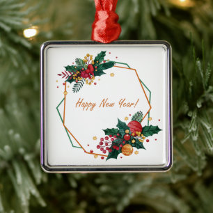 Happy New Year Watercolor Geometric Frame Metal Ornament
