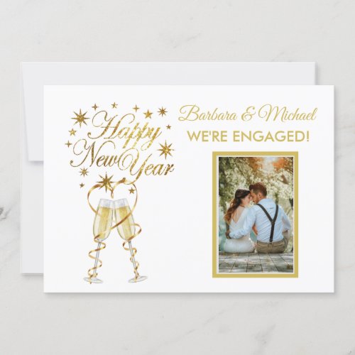 Happy New Year Were Engaged Gold Glitter Announce Invitation