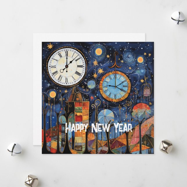 Happy New Year Whimsical Illustration Holiday Card (Front/Back In Situ)