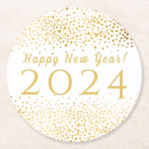 Happy New Year White Faux Gold Confetti 2019 Round Paper Coaster